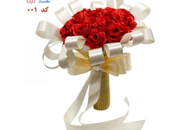 دسته گل عروس با گل هاي سرخ و روبان سفيد - كد 001